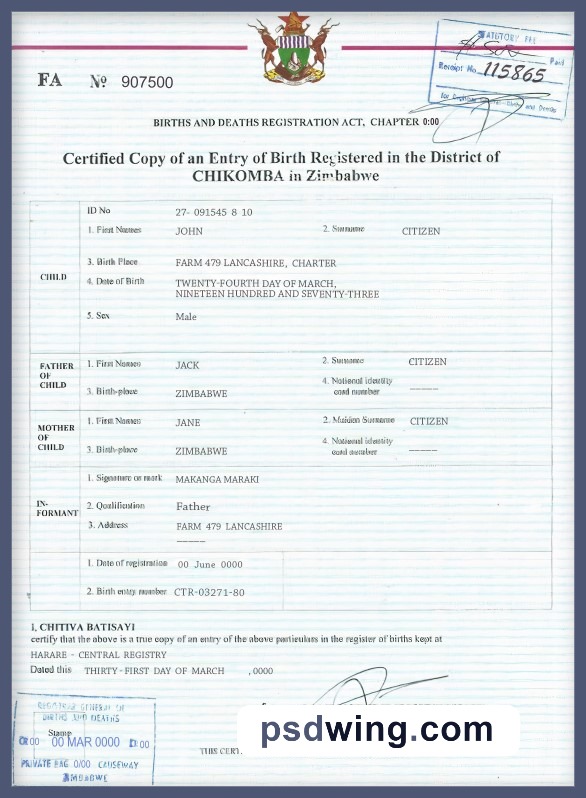 Zimbabwe Birth Certificate PSD Template